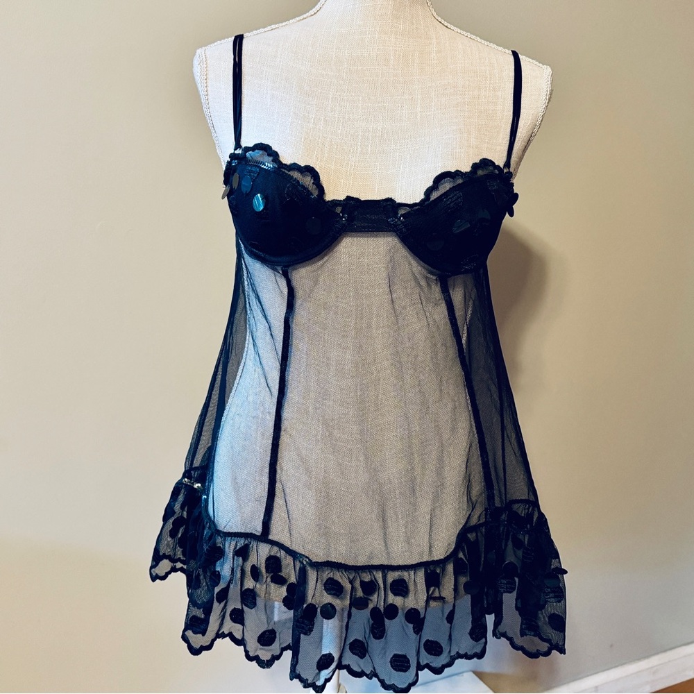 VS Baby Doll Lingerie Nightie Black Sheer Mesh Polka Dot Sequins S M Bra 34B
